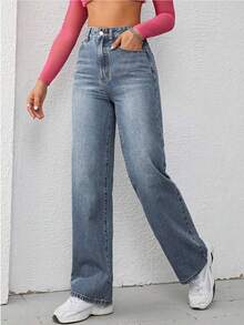 SHEIN ICON Plus Size Loose Fit Straight Leg Jeans, Street Style - Light Wash - View 6