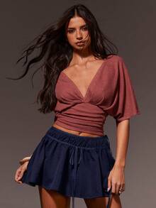 Athîral Women's Navy Blue Drawstring Skirt,Elegant Chic Autumn Date Vacation Wear,Woven Solid Color Tie Skort For Women,Lace Up Shorts Outdoor Fitness Skirt - Navy Blue - View 2