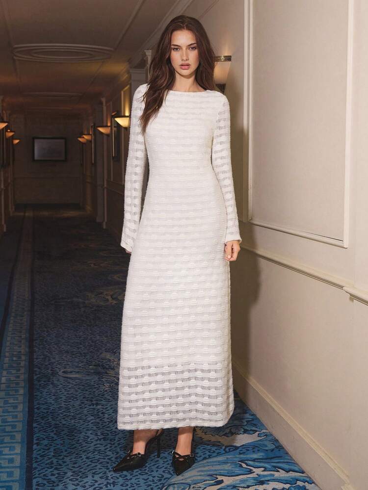 SHEIN Maija Women's Elegant Solid Color Textured Dress, Suitable For Commuting Elegant Dresses For Party Elegant Dresses For Women White Dress  New Year Dress  New Year Clothes White Dress New Year  White Dress Réveillon New Year's Outfit For Women Party Outfit