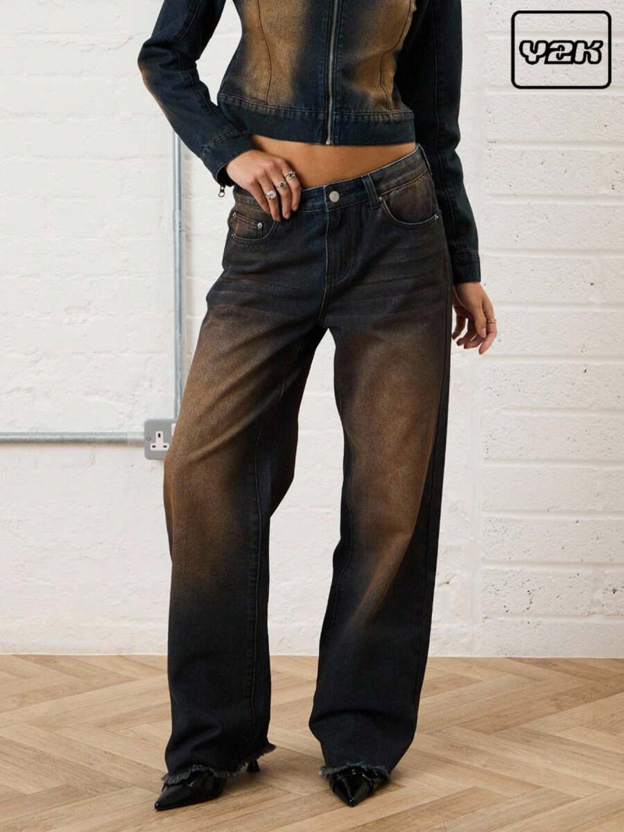 COUREZ Jeans de talle bajo con ajuste regular y delgado en lavado contrastante / Ropa casual de invierno Y2K para mujeres Ropa linda Pantalones de pierna ancha Jeans de talle bajo Pantalones marrones Conjunto casual