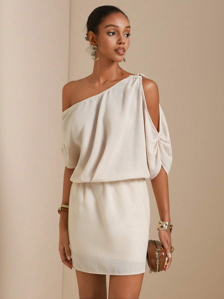 Vesra Women's Dress With Metal Buckle Decor, Oblique Shoulder Ruched Design, Linen-Like Fabric Vacation Apricot Summer Tropical European