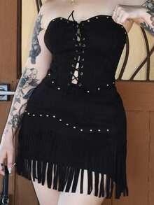 Arliah 女式复古嬉皮铆钉流苏黑色绒面革 A 字裙，秋季裙子，纳什维尔服装，海盗裙 - 黑色 - 查看 4