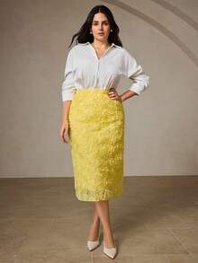 Aveloria Rosie Chân váy maxi màu trơn, cạp chun co giãn, chất liệu vải hoa 3D, phù hợp cho người có thân hình đầy đặn, phong cách châu Âu và Mỹ, thích hợp cho mùa thu/đông. - Màu vàng - Xem 6