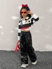 Quần ống rộng túi nắp PU màu đen, quần túi hộp thoải mái hàng ngày, quần dài thoải mái, quần áo cho năm mới, quần áo cho mùa thu/mùa thu phong cách Goth Grunge thời trang cho mọi mùa, quần áo cho năm mới - màu đen - Xem 3