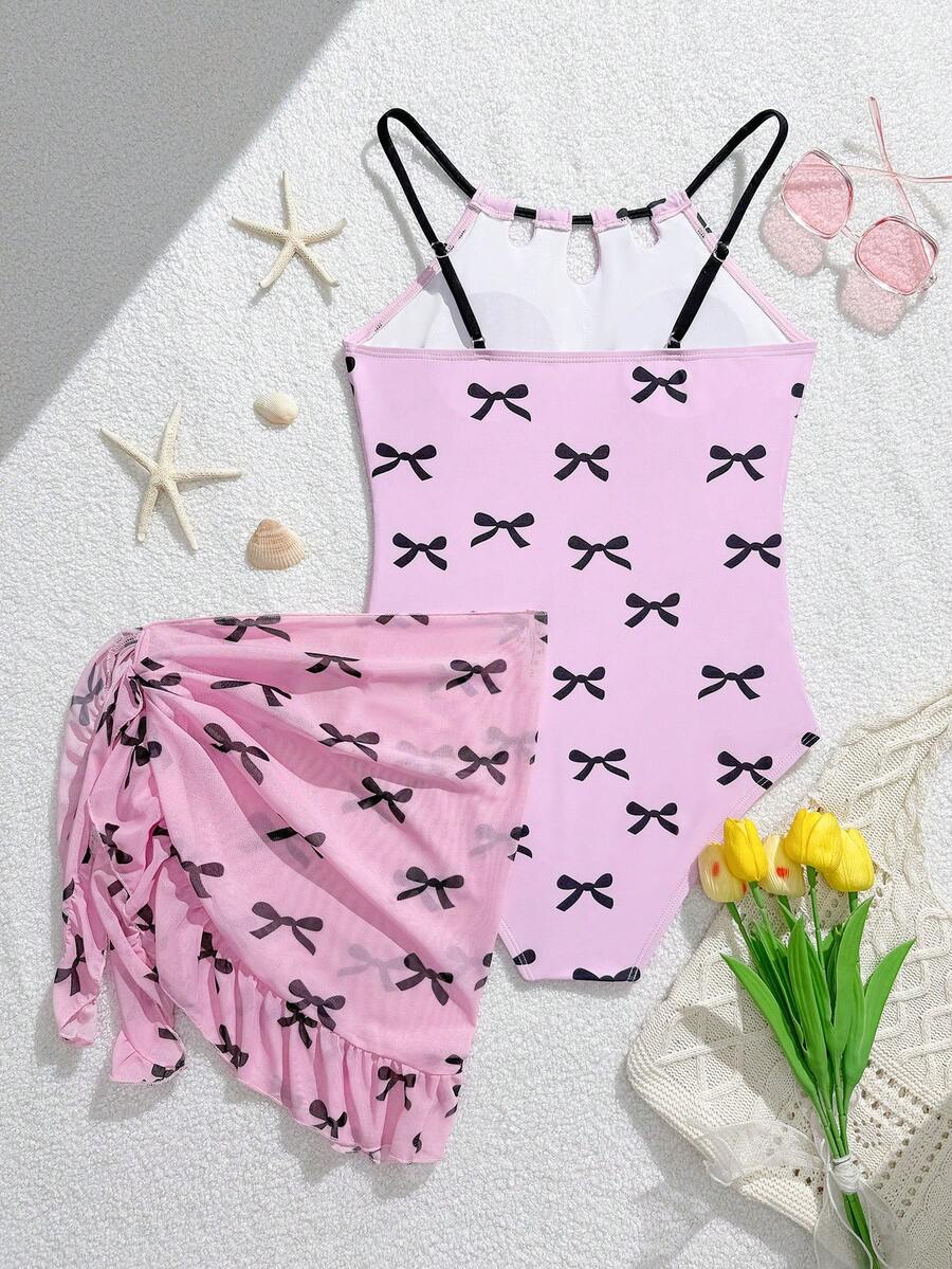 SHEIN 13-16岁少女蝴蝶结印花泳衣，挂脖式连体泳衣带裙式罩衫，粉色镂空弹力泳装，可爱时尚沙滩泳池泳装 - 粉色 - 查看 1