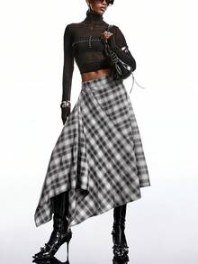 LYSMO Mẫu váy quấn kẻ caro đen trắng tối giản mới năm 2026 dành cho nữ với đường viền bất đối xứng là một món đồ thời trang và đa năng, phù hợp với nhiều dịp như đi chơi, các sự kiện trang trọng, trang phục thường ngày, tiệc Giáng sinh và lễ đón năm mới. Đây là sự lựa chọn lý tưởng cho cả mùa đông và mùa xuân. - Đen và trắng - Xem 4