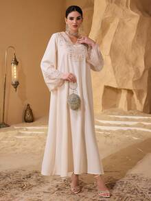 SHEIN Najma Elegant Lace Patchwork Beaded Long Sleeve Dress, Fashionable And Youthful - Champagne - View 4