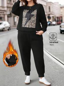 EMERY ROSE Plus Size Women's Thermal Lined Leopard Print Hoodie And Sweatpants Set With Pockets, Autumn/Winter - Black - View 4