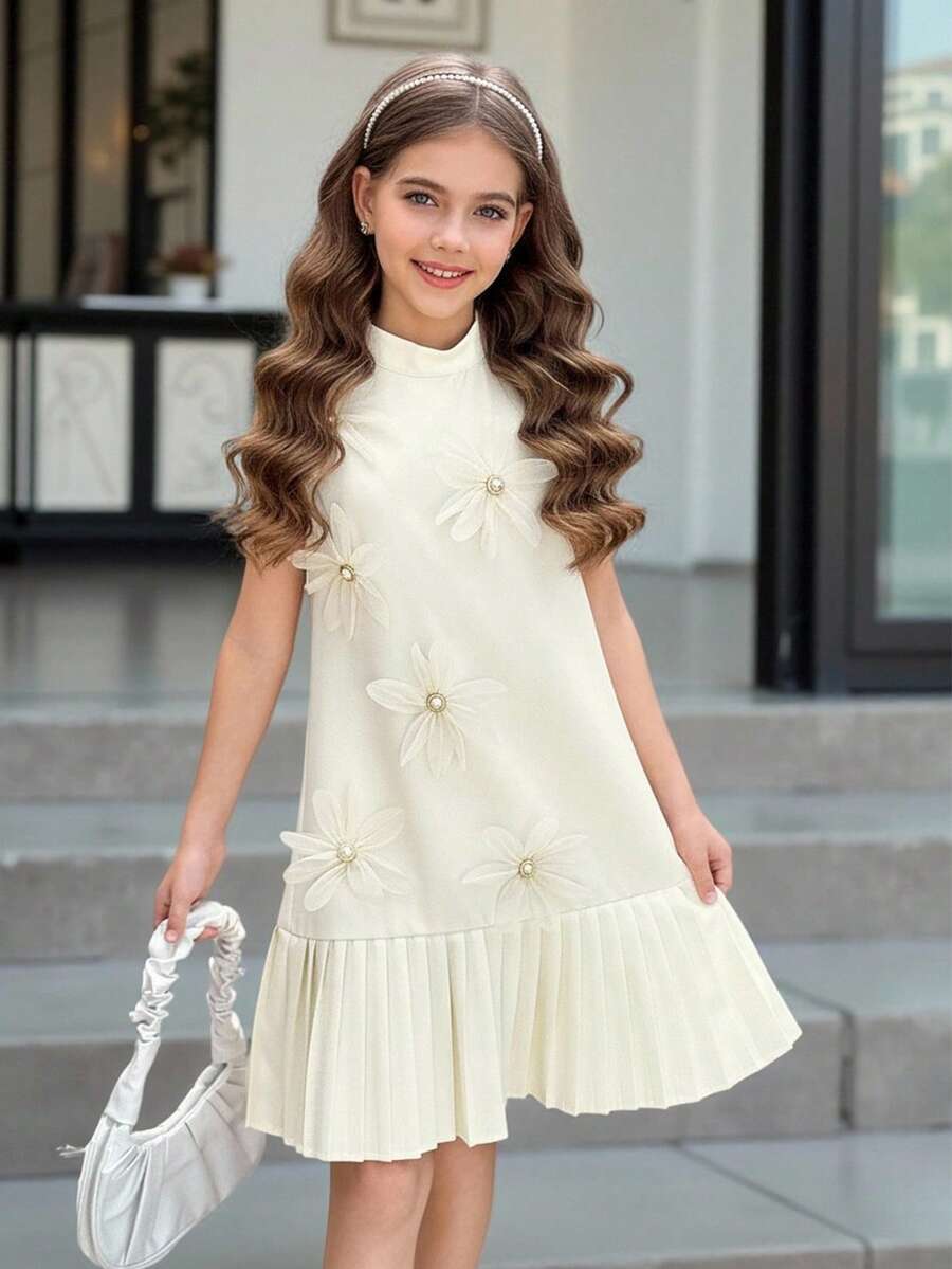 SHEIN 少女春夏新款休闲优雅奢华3D立体花卉褶皱领无袖A字连衣裙,适合派对、婚礼、节日、正式场合、姐妹装、生日、日常穿着、度假等场合,可爱、优雅、甜美、复古、时尚。可与妈妈和女儿、姐妹装搭配。 - 杏色 - 查看 1