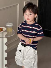 DAZY Toddler Boys' Casual Striped Round Neck Short Sleeve Top, Summer - Navy Blue - View 4