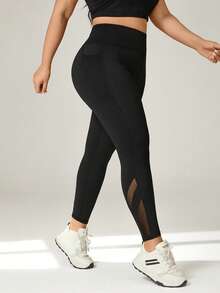 Auralis Plus Size Women Solid Black Color Mesh Patchwork High Waist Slim Fit Yoga Pants With Side Pockets For Spring, Spring Outfit For Women - Black - View 5
