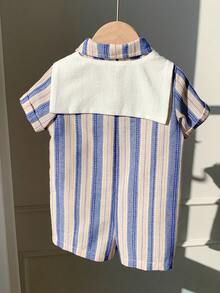 SHEIN 2pcs Newborn Baby Unisex Casual Striped Short Sleeve Polo Romper & Cape Set, Suitable For Birthday Party, Rave, Evening Party, Performance, Wedding, One Month Celebration, Baptism And First Birthday Baby Boy Blue Striped Romper Baby Boy Summer Outfit Baby Boy Striped Short Sleeve Romper Baby Boy Collared Shorts Set - Multicolor - View 2