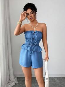 Rafferiza Conjunto Feminino Women's New Spring/Summer Blue Denim Texture Strappy Jumpsuit With Thin Straps, Bandeau-Style Top, Drawstring And Bow Detail At The Bust, Elasticated Waist, And Ruffled Hem Shorts Set. - Blue - View 8