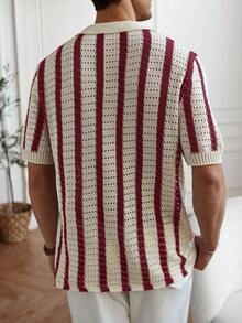 Manfinity Homme 男士条纹单排扣休闲通勤针织短袖上衣 - 彩色 - 查看 7