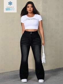 SHEIN ICON 大码女式高腰休闲百搭喇叭牛仔裤 - 黑色 - 查看 5