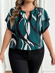 SHEIN CURVE+ Plus Size Women's Printed V-Neck Batwing Short Sleeve Casual Shirt Women Blouses Summer Tops Shirts - Multicolor - View 6