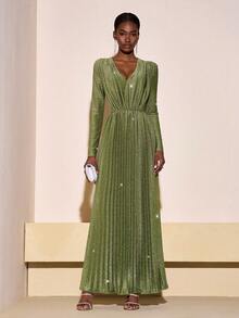 Veslaya 2026 Vestido plisado de manga larga con cuello en V, cintura ceñida y tela brillante, talla grande, nueva colección de principios de primavera