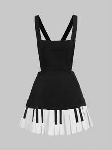 ROMWE Kawaii 女士可爱音符和钢琴键刺绣吊带迷你连衣裙 - 黑色 - 查看 1