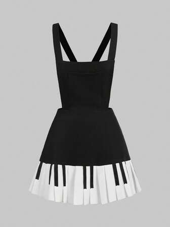 Kawaii Women's Cute Musical Note & Piano Key Embroidered Strap Mini Dress