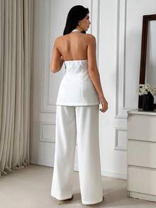 EURMUSE Women's Solid Color Halter Top & Pants Set With Beading Detail - White - View 2