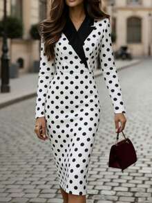 Franclia 女士波点拼接中长连衣裙，通勤连衣裙，办公室套装，职业装，修身铅笔裙，优雅连衣裙，黑白拼接连衣裙 - 黑與白 - 查看 6