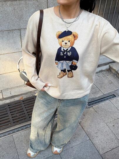 SHEIN EZwear 大码女式卡通熊图案长袖休闲毛衣，秋冬款