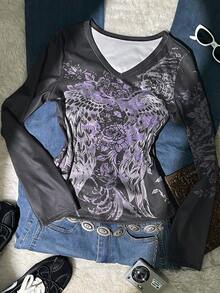 Glimmora 女士暗黑朋克风翅膀与花卉印花V领长袖修身T恤，春秋季 - 彩色 - 查看 3