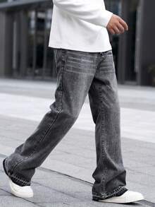 Manfinity Homme Męskie proste rozszerzane jeansy z prostymi nogawkami, swobodne do codziennego noszenia, długie rozszerzane jeansy z szerokimi nogawkami, ciemnoszare, sprane jeansy cargo z blokami kolorów, dla męża, prezenty dla chłopaka - Szary - Zobacz 3