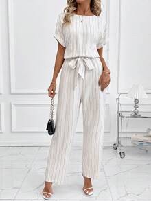 SHEIN Clasi Women's New Elegant Jumpsuit With Belt, Waist Cinched, Linen-Feel Striped, Comfortable Loose Casual Romper, Suitable For Work And Commute Summer Outfits For Women - Multicolor - View 6