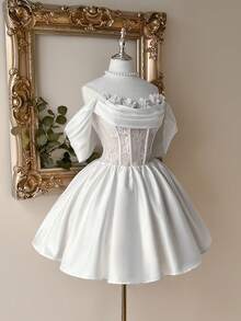 Lovelzi Elegant, Romantic, Fashionable White Lace Fabric Organza Ruffle Hem, 3D Floral Decor, Off-Shoulder, A-Line Silhouette, Elegant Party Dress, Wedding Guest Dress, White Maxi Dress, Bachelorette Party Dress, Prom Dress, Bridal Shower Dress