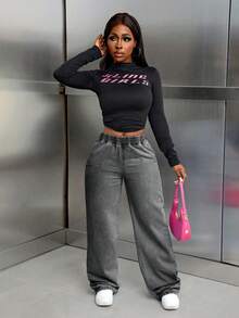 SHEIN Tall 女士休闲弹力腰水洗直筒牛仔裤 - 灰色 - 查看 3