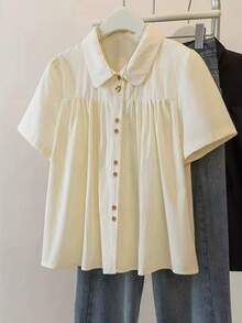 Resyla New Women's Buttercup Yellow Short Sleeve Pleated Casual Shirt - Apricot - View 5