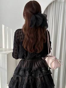 FRIFUL Áo nữ dài tay cổ tròn, chéo phía trước, ôm sát, chất liệu dày dặn. - màu đen - Xem 5
