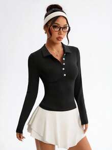 Dewbera 休闲百搭纽扣领修身运动Polo衫 - 黑色 - 查看 6