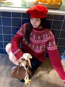 DAZY Crew Neck Jacquard Knit Sweater, Lazy Retro Loose Soft Style - Burgundy - View 8