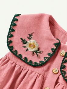 Cozy Pixies Baby Girl Floral Embroidery Pattern Navy Collar Sleeveless Half-Open Front Dress - Pink - View 3