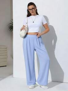 SHEIN EZwear Plus Size Women Solid Color Casual Versatile Commuting Wide Leg Pants - Baby Blue - View 3