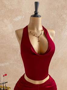Soleia Women's 2-Piece Set Burgundy Red,Summer,70s,Night Out,Party,Elegant Bohemian Tropical Draped Neck Backless Tie Strap Top&Drawstring Shorts Outfit - Burgundy - View 3
