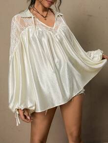 SHEIN LUNE 大码女式撞色蕾丝长袖系带优雅衬衫，适合夏季、圣帕特里克节、复活节、春季等场合。白色上衣，白色衬衫，适合度假、夏季、情人节等场合。奶油色蕾丝衬衫，波西米亚风蕾丝上衣。 - 杏色 - 查看 5