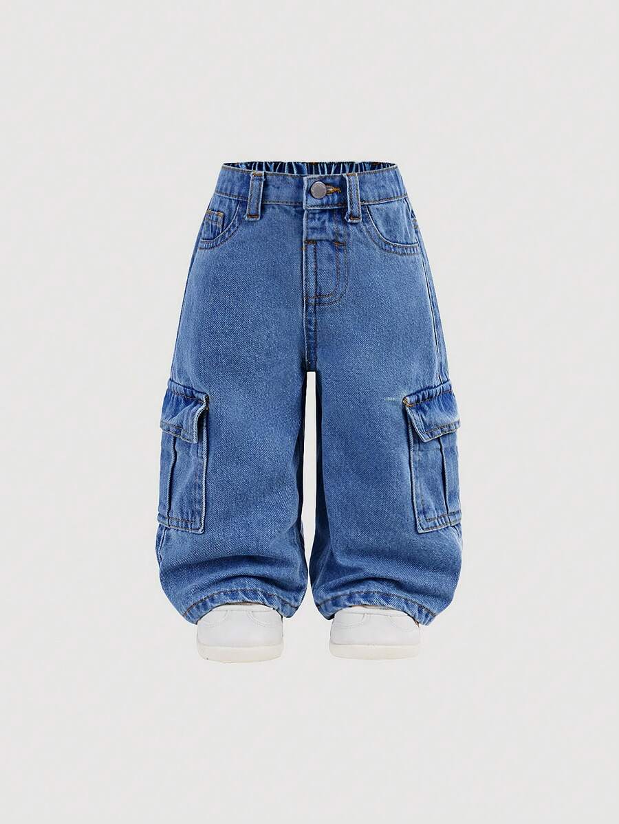 SHEIN Quần jean denim dáng rộng, họa tiết rằn ri bạc màu, túi hộp, phong cách đường phố cho bé trai, thích hợp cho mùa thu/đông. - Rửa tối - Xem 1