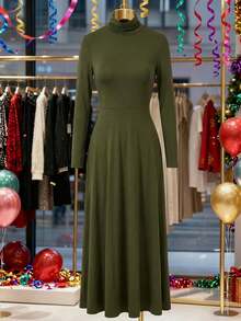 Modelyn Women's Casual Solid Color Turtleneck Long Sleeve Top Dress - Green - View 2