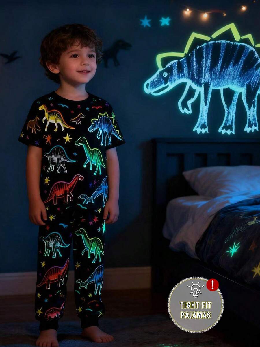 Young BoyCartoon Dinosaur Neon Glow-In-The-Dark Print Short Sleeve Tight Fit Pajama Set, Random Pattern - Multicolor - View 1