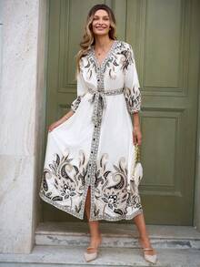 Louniche 女士休闲优雅中东风情印花V领七分袖修身A字连衣裙，春夏款 - 彩色 - 查看 3