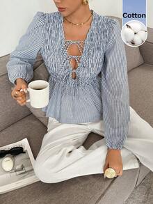 Serisse Women Casual Cotton Striped Knot Front Long Sleeve Casual Light Blue Blouse, Teacher Back To School,Fall Tops Winter Casual, Autumn/Winter, Thanksgiving, Casual Blouses For Women, School Shirt, Elegant Women's Blouses,Suitable For Everyday Outings And Commuting - Blue and White - View 6