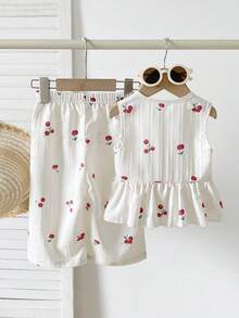 SHEIN 2件套女婴幼儿/新生儿0-3岁春夏休闲甜美日常度假条纹梭织无袖上衣和阔腿裤套装 - 杏色 - 查看 2