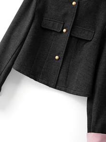 GlowEve Elegant Round Neck Contrast Cuff Button Decor Short Women Wool Coat - Dark Grey - View 6