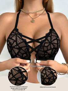 SHEIN 女士单件蕾丝前扣无钢圈文胸 - 黑色 - 查看 6