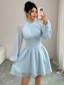 Modelyn 女士立领灯笼袖短款喇叭连衣裙 - 藍色 - 查看 6