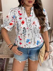 SHEIN LUNE Plus Size Women's Summer White Boho Floral Print Puff Sleeve V-Neck Blouse,Casual Short Sleeve Top For Vacation,Holiday,Bachelorette Party & Daily - White - View 3