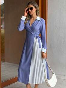 Elyressa Long Blue And White Woven Dress With Lapel And Pleated Design For Ladies - Blue and White - View 6